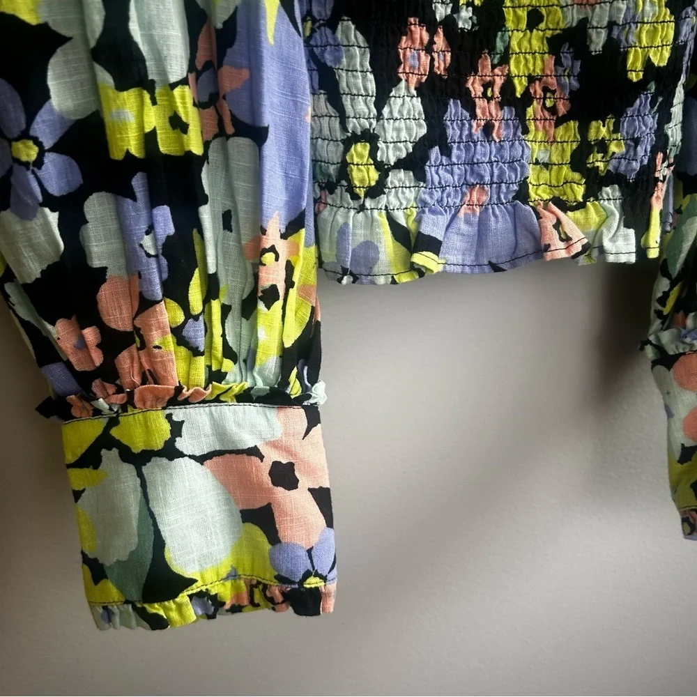 Free People Ariana Floral Retro Combo Balloon Sleeve Smocked Blouse Size Large